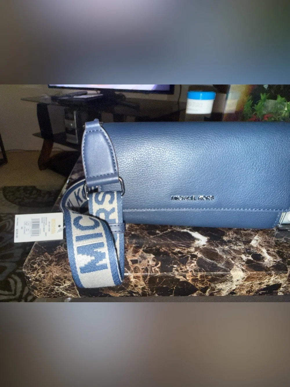 Michael Kors Blue Leather Crossbody with Cream Logo Strap